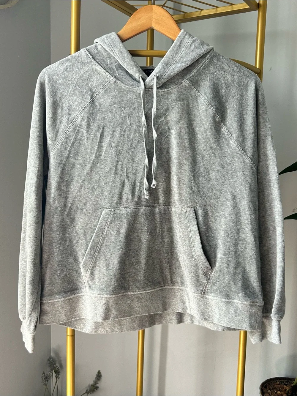J. Crew minimalist Athleisure Heather Gray velour Hooded Sweatshirt size S